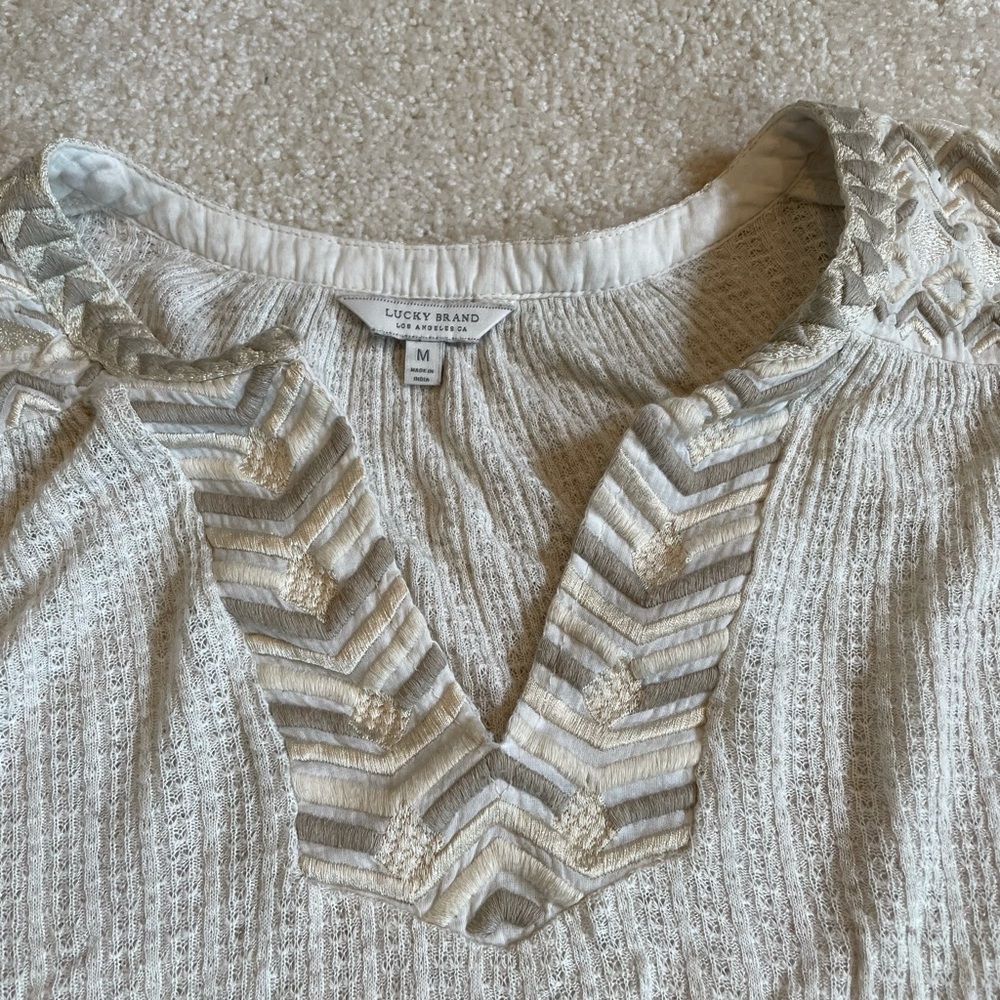 Lucky Brand guaze style cream embroidered top Med